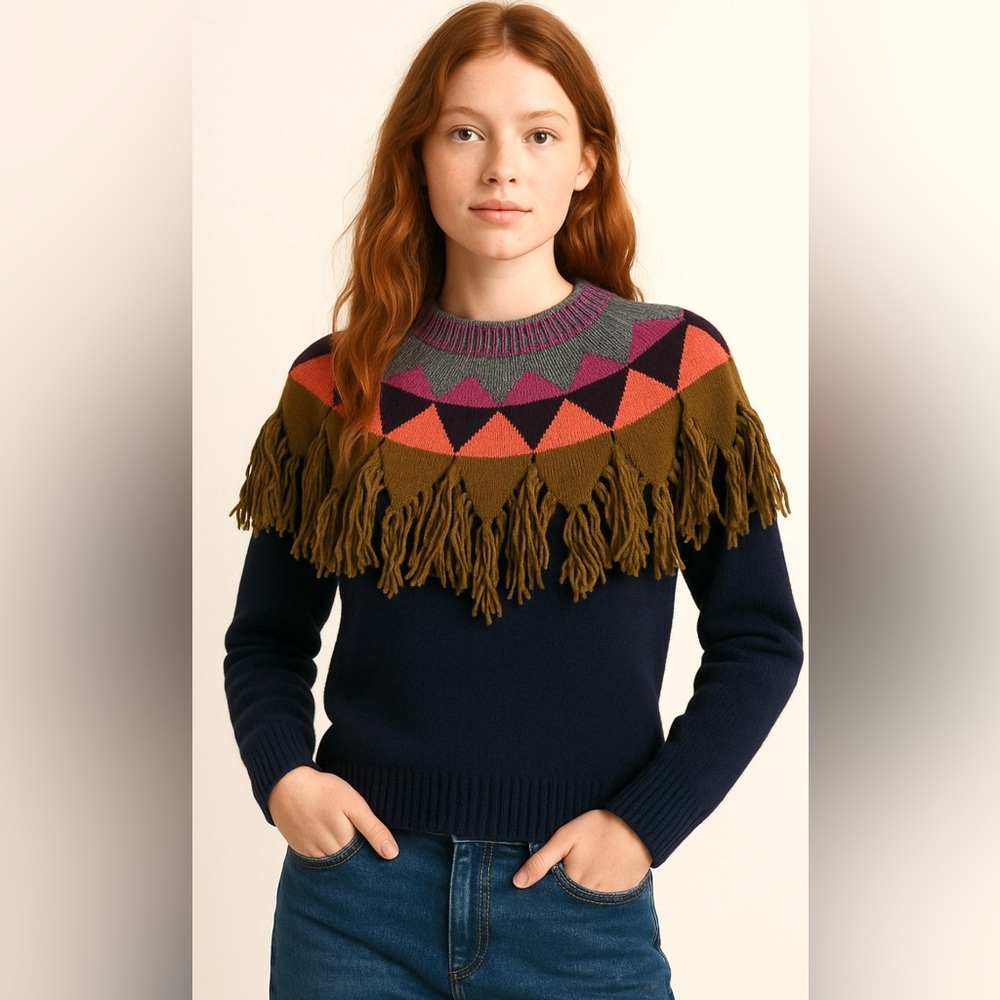 Athé Vanessa‎ Bruno Fygilia Fringe Sweater Boho Retro Indie Luxe Knit M NWT